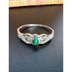 Vtg Karis Silver Stainless St Green Jade/Jadeite Accent Filigree Cuff Bracelet
